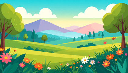 Fototapeta premium Sunset landscape with vibrant colors. Fresh green fields and blooming flowers. Serene countryside with hills and flowers. Vibrant nature with blooming wildflowers. Stunning flower field