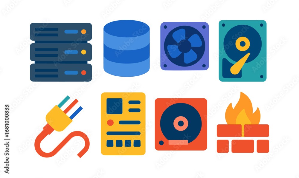 Aufkleber flat style data storage and network icons set for technology concepts