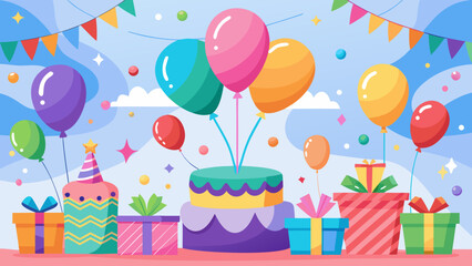 Vector art of festive birthday party with cake, balloons, gifts and colorful decorations