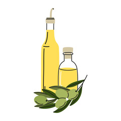 Olive oil in glass jar. Berries on plate and leaves. Cooking organic product. Bottle with liquid. Natural extra virgin. Diet vegan ingredient. Healthy food. Vector cartoon flat isolated illustration