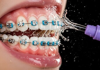 Fototapeta premium Close up of teeth with braces being cleaned with a water flosser against a black background