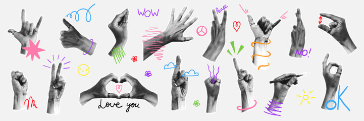 Halftone hands. Realistic black and white arm, different gestures, pop art, old vintage newspaper clippings, thumbs up, heart and ok. Cutout palm. Doodle trendy elements. Vector isolated illustration