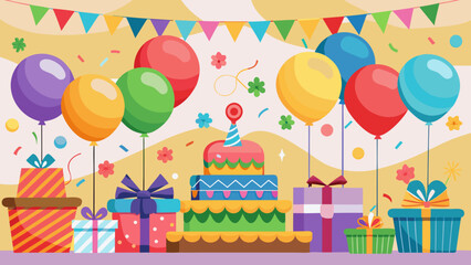 Obraz premium Vector art of joyful birthday party with balloons, cake, and gifts vector illustration