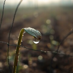 Close up detail of a parched leaf with dew drops under a mesh net in a drought