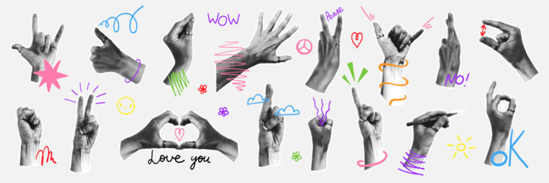 Halftone hands. Realistic black and white arm, different gestures, pop art, old vintage newspaper clippings, thumbs up, heart and ok. Cutout palm. Doodle trendy elements. Vector isolated illustration