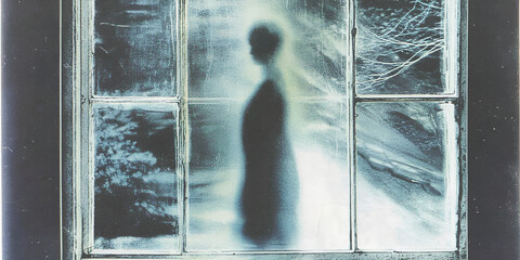 Blurred ghostly figure behind a glass window creating an eerie atmosphere