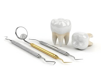 Dental tools and teeth models arranged on a white surface in a studio setting for dental care use