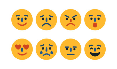 Fototapeta premium Set of eight flat style yellow emoji faces expressing different emotions