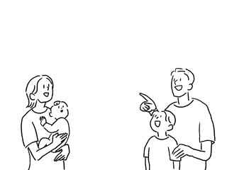 上を見上げる家族、線画