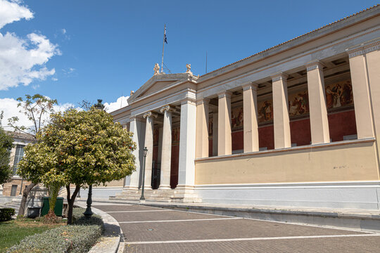 Athens, Greece. Neoclassical facade of the University of Athens, designed by Christian Hansen in 1839, with Ionic order propylaea as part of the Athenian Trilogy