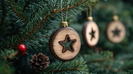 Wooden star ornaments hanging on Christmas tree branches