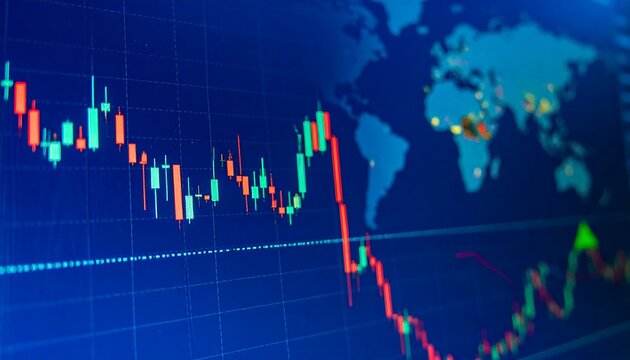 Stock market graph with world map overlay