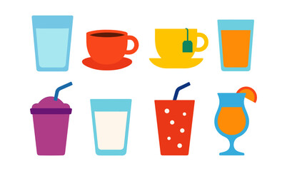 Colorful beverage icons: coffee, tea, juice, smoothie, cocktail, flat design