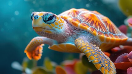 Colorful baby sea turtle emerging from underwater coral reef