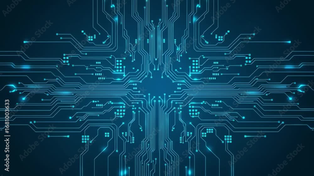 Poster intricate electronic circuit board design with glowing lines highlighting complex technological conn