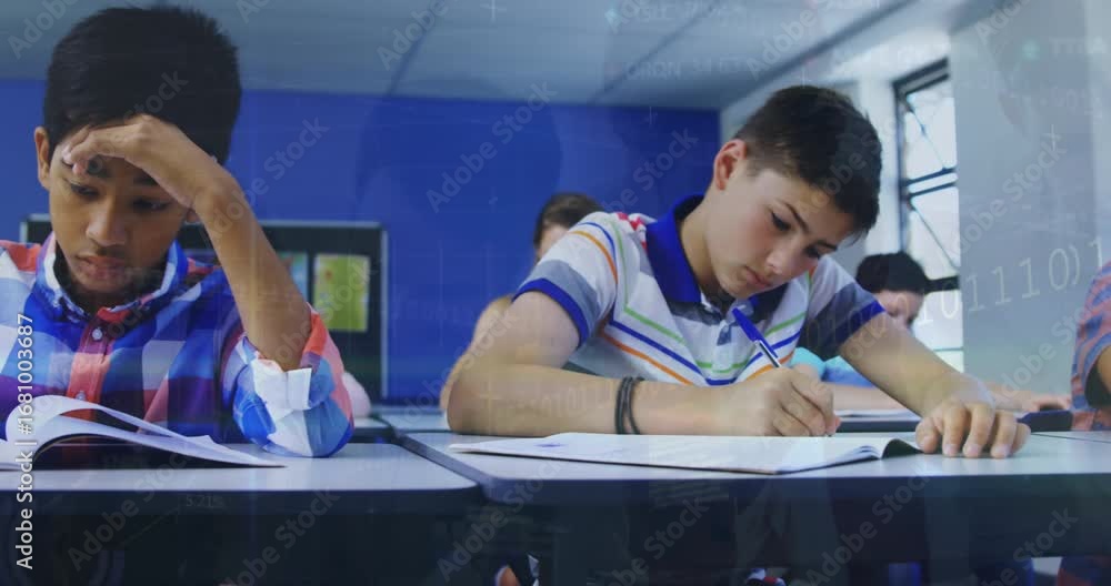 Poster animation of graph over class of diverse boys during lessons