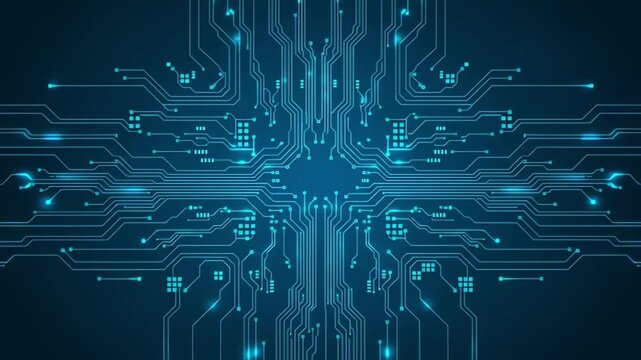 Intricate electronic circuit board design with glowing lines highlighting complex technological connections and data processing representing advanced digital systems and modern technology full hd vide