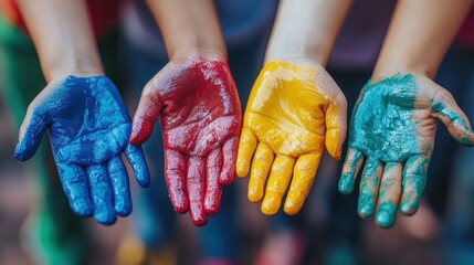 Colorful painted children's hands, outdoor art class, blurred classmates in background, for educational or art resources
