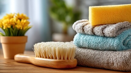 Spa Day Essentials: Soft Towels, Body Brush, and Refreshing Sponge
