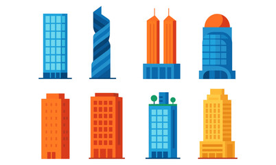 Modern flat style skyscrapers with diverse architectural designs