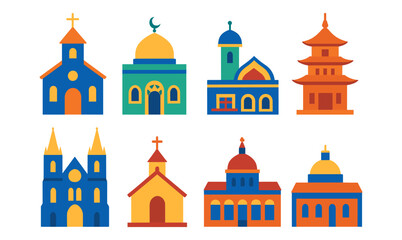 Colorful religious buildings icons representing global architectural styles
