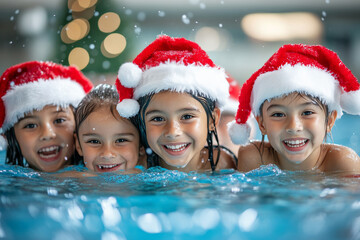 Happy group of kids in santa hat celebrating christmas in swimming pool