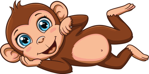 Cute cartoon monkey lying down, playful animal character, smiling face with big eyes, children’s illustration, jungle wildlife concept, flat vector illustration