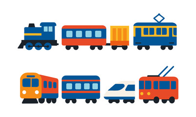 Colorful flat style train and tram cartoon set for transportation design