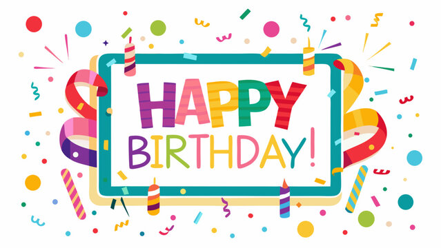 Vector art of a vibrant happy birthday celebration with colorful candles, confetti, and ribbons framed in a festive design
