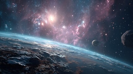 Exoplanet Sunrise: Celestial Bodies and Nebula in Cosmic Expanse