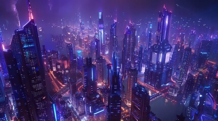 Aerial view of a busy business district with illuminated skyscrapers