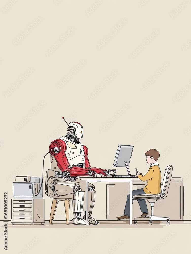 Poster robot and child collaborate on a computer task at a modern workspace in a bright and minimalist envi