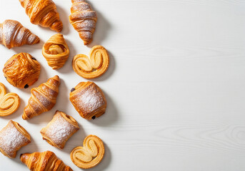 Top view of a delicious assortment of freshly baked French pastries including croissants and palmiers, sprinkled with powdered sugar on a white wooden background