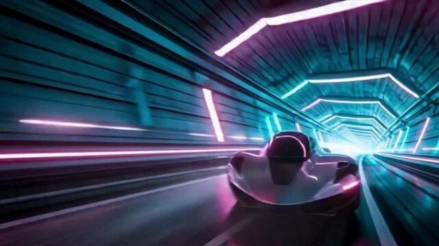 Futuristic glowing hyperloop pod racing through neon tunnel with cinematic light trails on black background