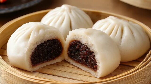 Four steamed buns with red bean paste filling one split open revealing interior served in bamboo steamer