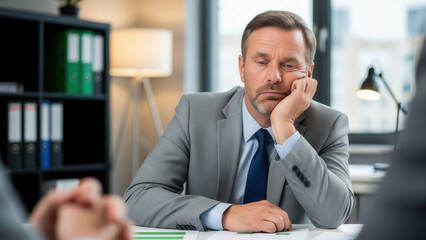 Middle aged businessman in a suit appearing bored and uninterested during an office meeting, resting his head on his hand at a desk.