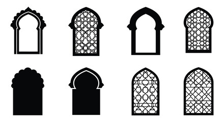 Eight Arched Window Silhouettes with Intricate Lattice Patterns and Designs