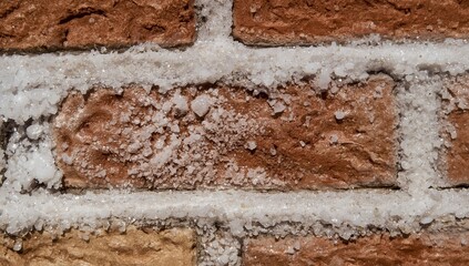 Close up detail of a salt crust forming on a brick wall near sea