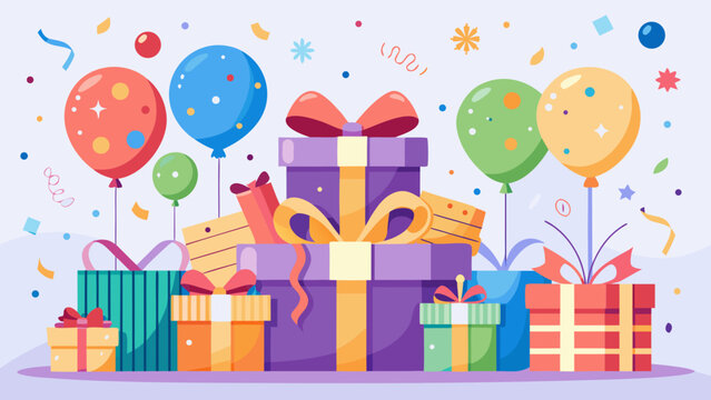 Vector art of vibrant party scene featuring gifts and balloons, perfect for birthdays, anniversaries, and festive events filled with joy and celebration