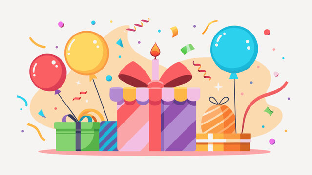Vector art of colorful birthday party with gifts, balloons, and confetti, perfect for a festive celebration and joyful occasion