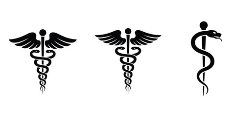 Naklejka premium Medical Symbol Vector Collection, Pharmacy Icons Featuring Caduceus, Rod of Asclepius, Bowl of Hygieia, Star of Life, and Cross Symbols for Healthcare