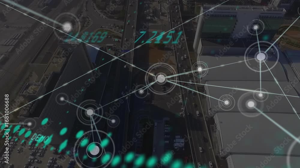 Poster data processing and network of connections against aerial view of cityscape