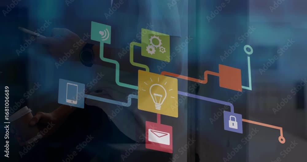 Poster animation of icons over notebook on desk