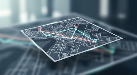 Futuristic Digital City Map with GPS Navigation Route and Location Pins, Modern Technology for Travel and Logistics Planning