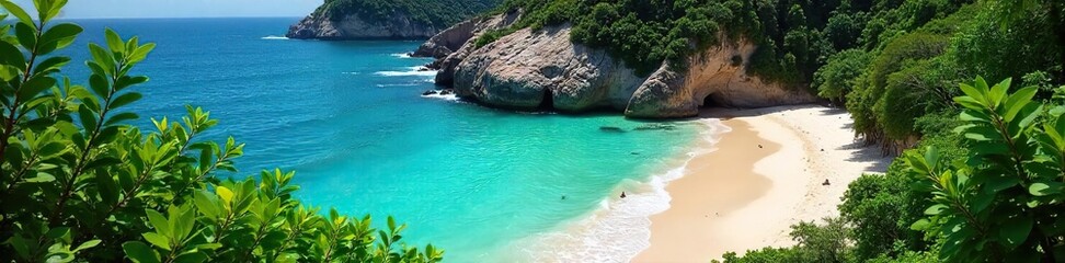 Fototapeta premium Lush green vegetation cascading down to a pristine, tranquil beach; turquoise water laps gently at the shore Perfect for travel, nature, and environmental themes , shore, tranquil