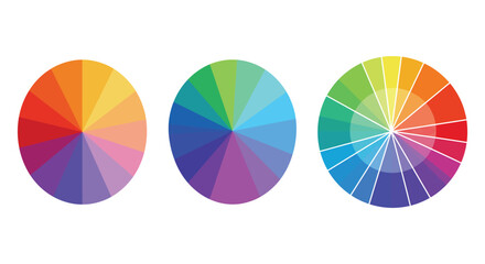 Color wheel diagrams showing primary and secondary colors in different arrangements