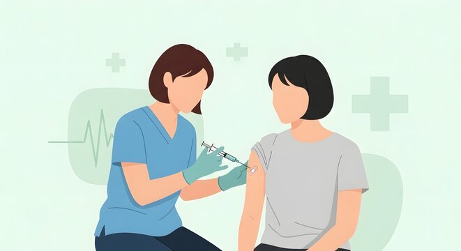 Healthcare worker administering a vaccine shot to a female patient. Immunization and disease prevention concept. Medical care and public health.