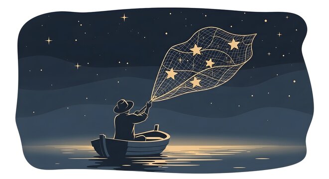Dreamy night fishing: Silhouette in boat catches glowing stars with a net under a tranquil celestial sky