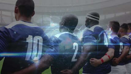 Globe of blue digital wave over rear of team of diverse male rugby players standing on sports field - Powered by Adobe