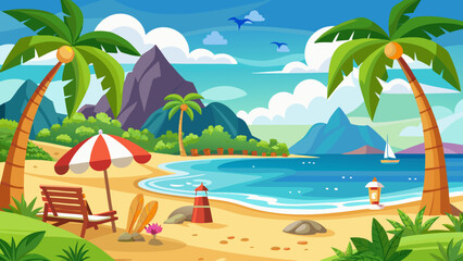 Obraz premium Vector art of a colorful cartoon beach scene featuring palm trees, mountains, and a tranquil sea, ideal for summer vacation and tropical getaway themes